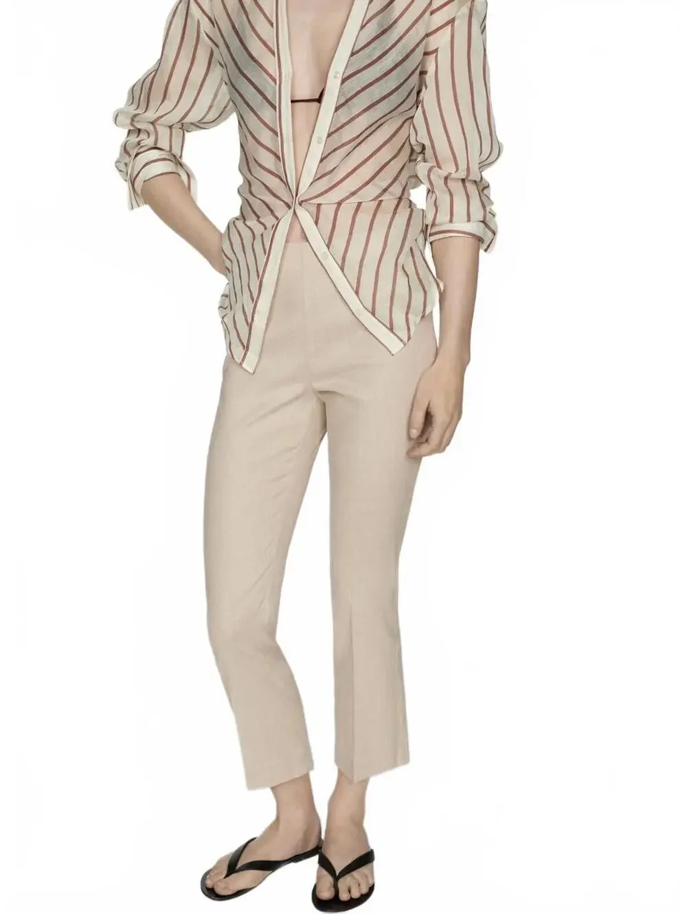 Mango Cotton Linen Flared Pants Beige Size 8/Large
